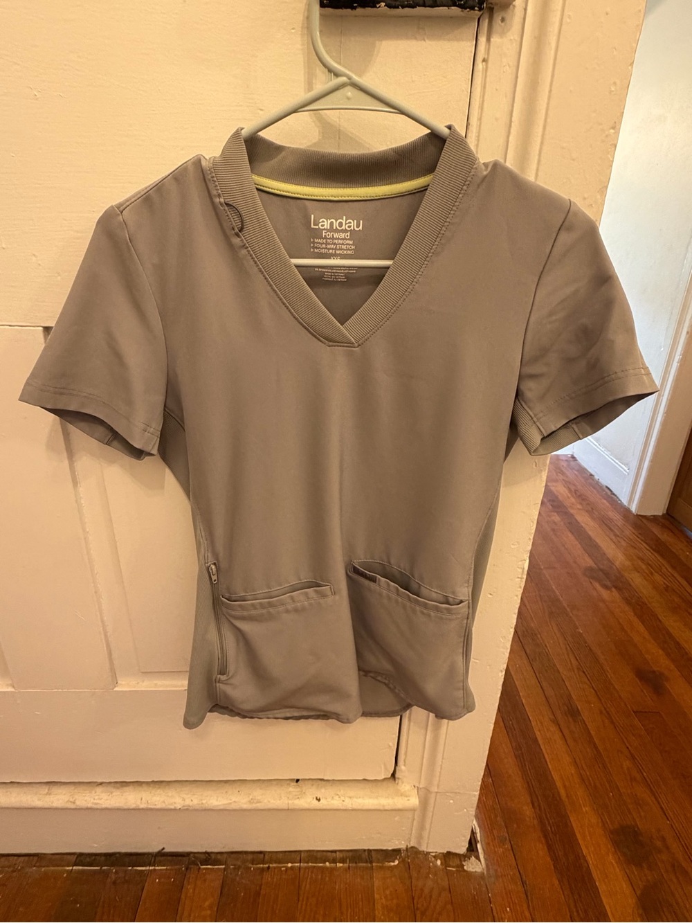 Landau Short Sleeve V-Neck Kids Top in Light Gray with Yellow Trim